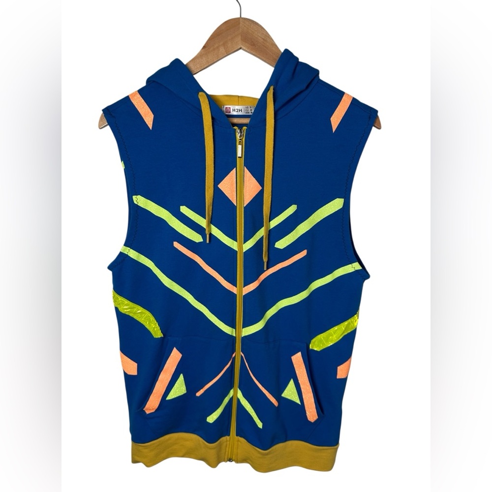 H2H Blue Sleeveless Zip Jacket Vest | Neon Geometric | Men’s Small